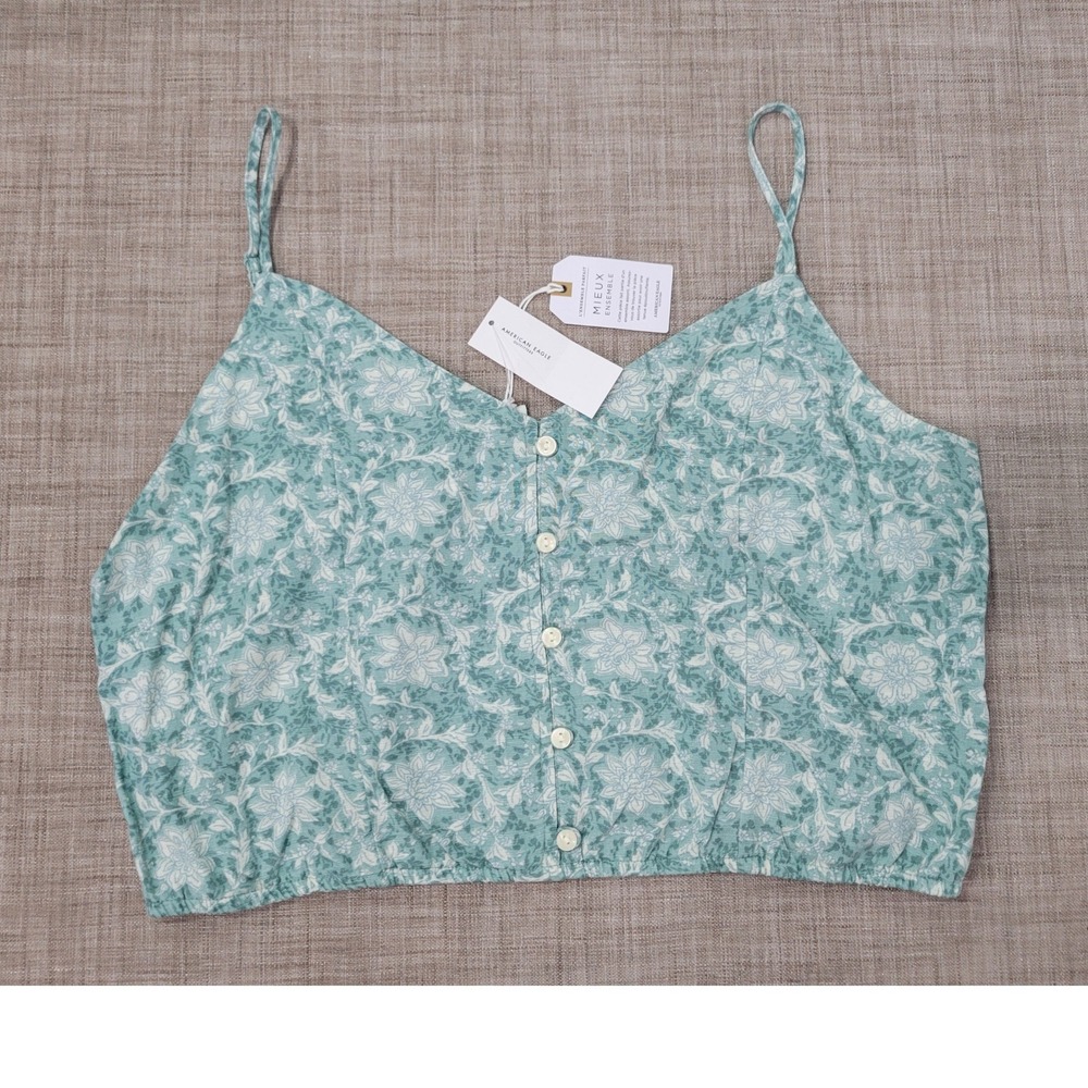 American Eagle Floral Button Front Cami Top Sage Green White Large NWT‎